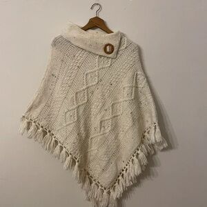 Rue21 Ivory Knit Poncho with Fringe